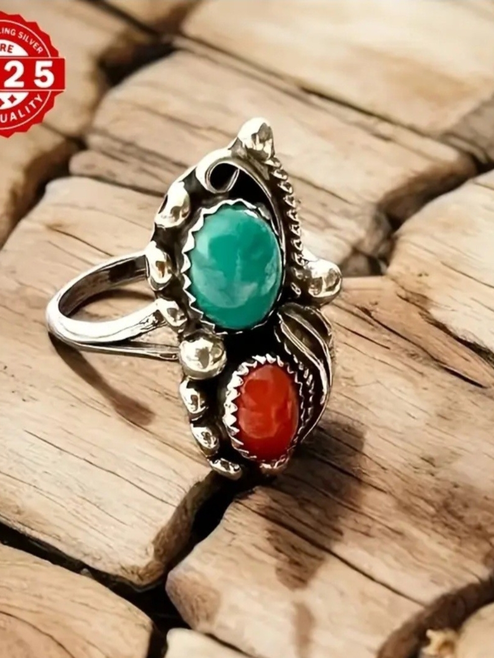 Vintage Bohemian Ring for Women  S925 Sterling Silver with Red & Turquoise Stone